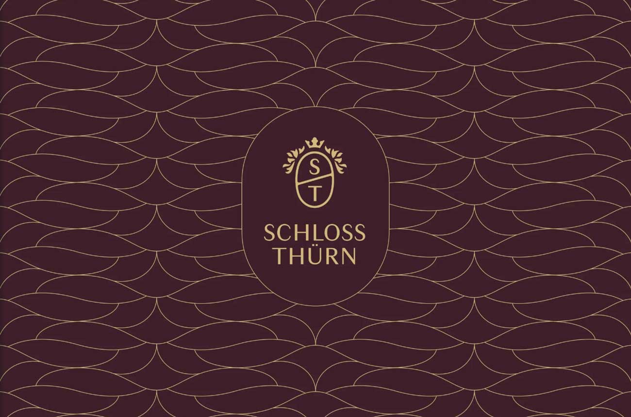 Ein Deckblat der Verkaufsmappe der Immobilie Schloss Thürn. Dunkelrot mit goldenem Muster und Schrift